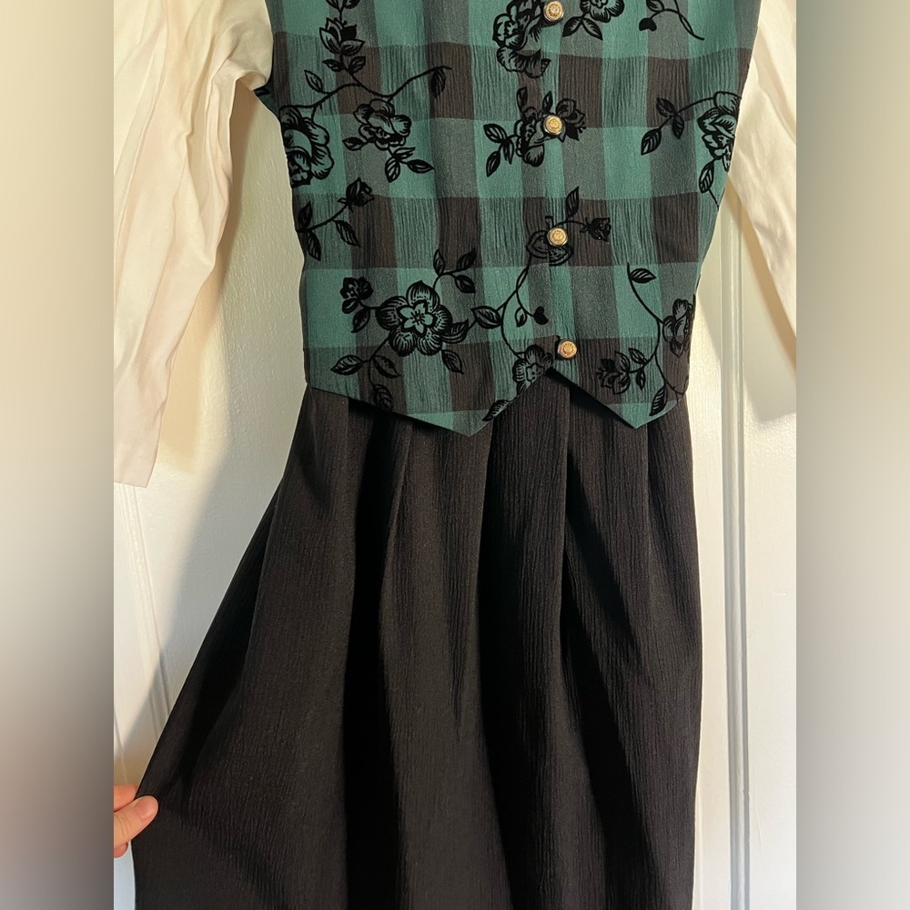 Vintage 80s Miss Dorby Oktoberfest Plaid Floral Maxi Dress Size 10 Green Gingham - Picture 6 of 14